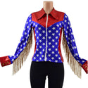 Red White and Blue Patriotic Rodeo Shirt with Fringe - 2