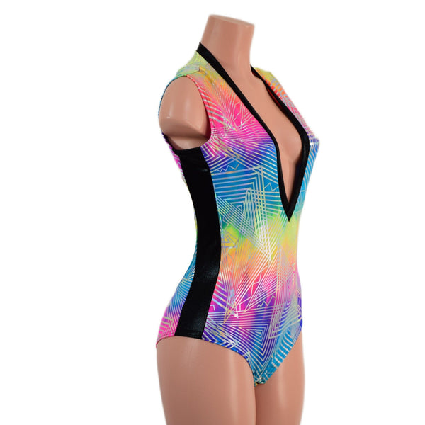 Plunging V Neck Side Panel Romper - 2