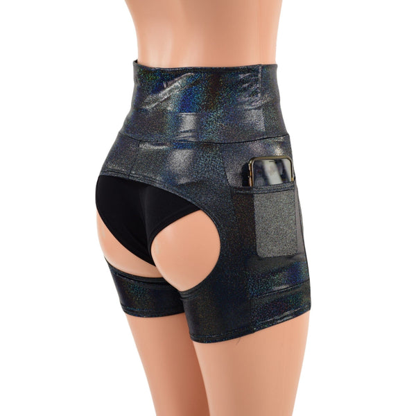 Black Holographic Short Chaps with Side Pockets - 2