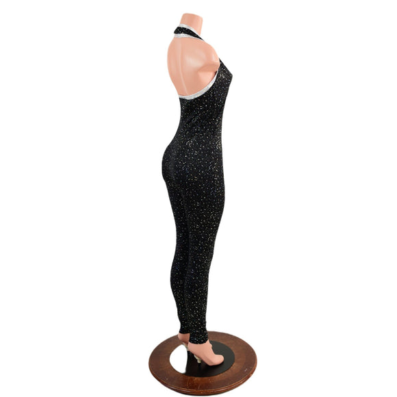 Ready to Ship Star Noir Backless V Neck Catsuit with Silver on White Shattered Glass Trim XS - Coquetry Clothing