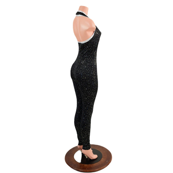 Star Noir Backless V Neck Catsuit with Silver on White Shattered Glass Trim - 5