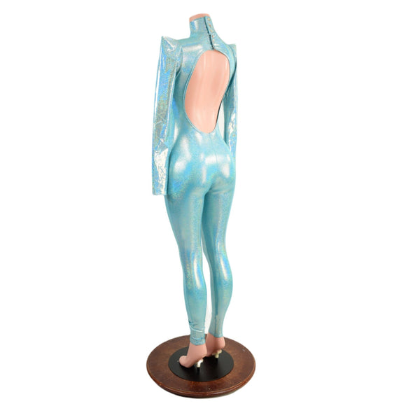Seafoam Backless Catsuit with Sharp Shoulder Sleeves - Coquetry Clothing
