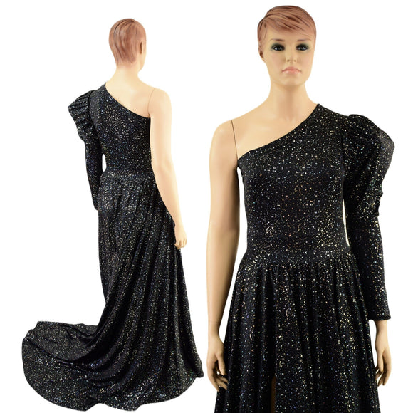 Star Noir One Shoulder Victoria Sleeve Gown with 36" Long Train - Coquetry Clothing