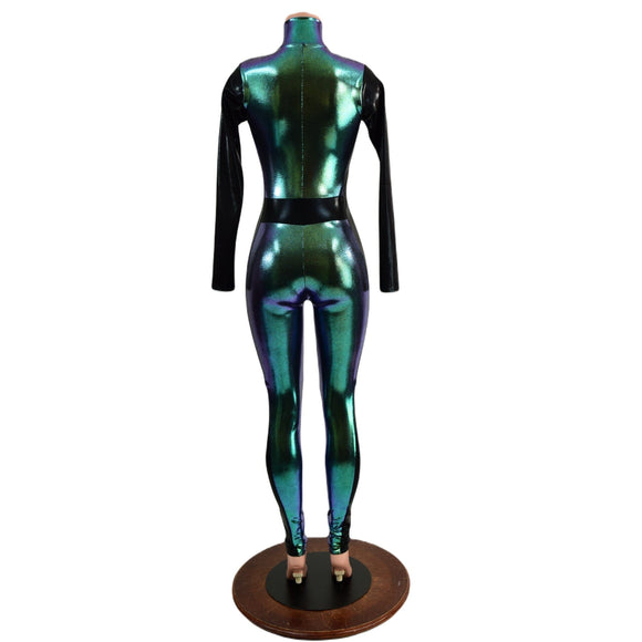 Scarab Catsuit with Black Mystique Side Panels, Long Sleeves and V Front - Coquetry Clothing