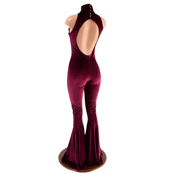 Backless, Bell Bottom Burgundy Velvet Catsuit with Snap Back Turtleneck - Coquetry Clothing
