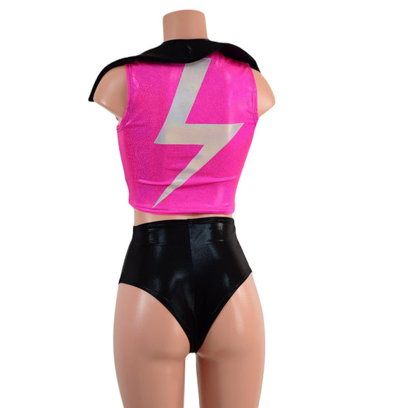 Zippered Crop Vest with Bolts and Showtime Collar and Brazilian Shorts Set - Coquetry Clothing