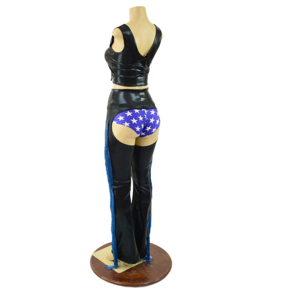 3PC Black and Blue Fringe Chaps, Siren Shorts, and Laceup Crop Tank Set - Coquetry Clothing