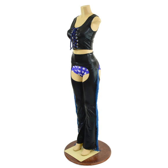 3PC Black and Blue Fringe Chaps, Siren Shorts, and Laceup Crop Tank Set - Coquetry Clothing