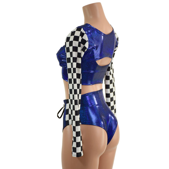 3PC Blue Sparkly Jewel Grid Girl Shorts Set - Coquetry Clothing