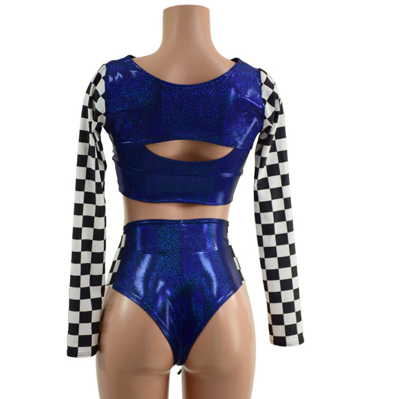 3PC Blue Sparkly Jewel Grid Girl Shorts Set - Coquetry Clothing