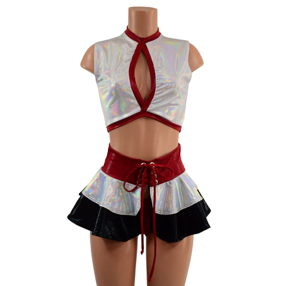 3PC Keyhole Crop, Double Ruffle Mini Skirt, and Cheeky Booty Shorts Set - Coquetry Clothing