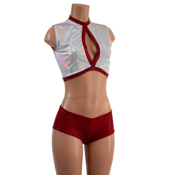 3PC Keyhole Crop, Double Ruffle Mini Skirt, and Cheeky Booty Shorts Set - Coquetry Clothing