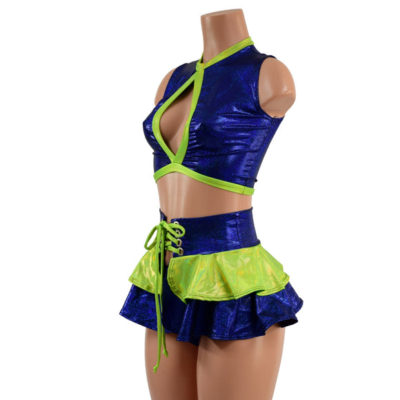 3PC Keyhole Crop, Double Ruffle Mini Skirt, and Siren Shorts Set - Coquetry Clothing