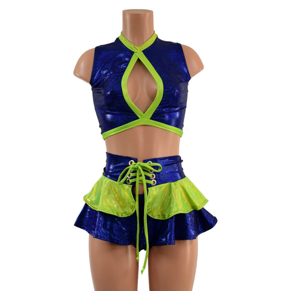 3PC Keyhole Crop, Double Ruffle Mini Skirt, and Siren Shorts Set - Coquetry Clothing