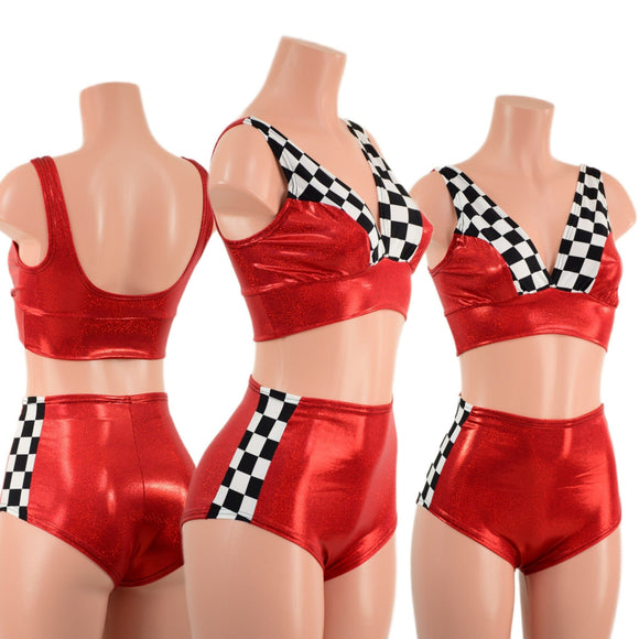 3PC O - Ring Bolero, Starlette and Shorts Set in Red and Checkered - Coquetry Clothing