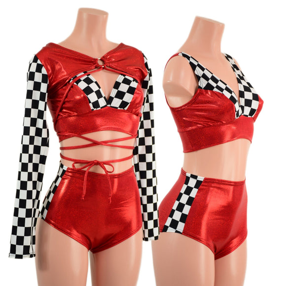 3PC O - Ring Bolero, Starlette and Shorts Set in Red and Checkered - Coquetry Clothing