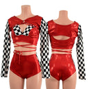 3PC O - Ring Bolero, Starlette and Shorts Set in Red and Checkered - Coquetry Clothing
