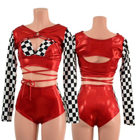 3PC O - Ring Bolero, Starlette and Shorts Set in Red and Checkered - Coquetry Clothing