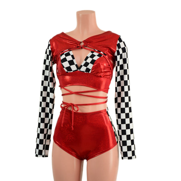 3PC O - Ring Bolero, Starlette and Shorts Set in Red and Checkered - Coquetry Clothing