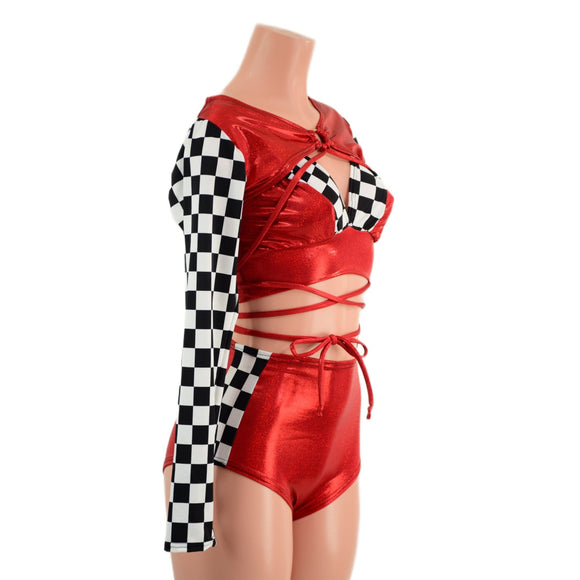 3PC O - Ring Bolero, Starlette and Shorts Set in Red and Checkered - Coquetry Clothing