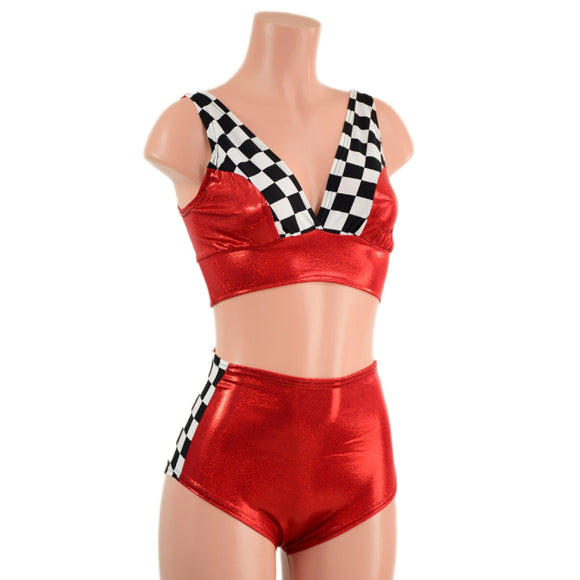 3PC O - Ring Bolero, Starlette and Shorts Set in Red and Checkered - Coquetry Clothing