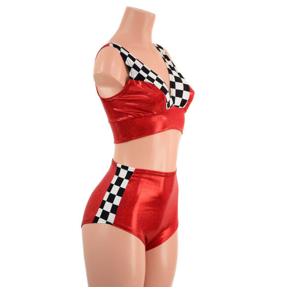 3PC O - Ring Bolero, Starlette and Shorts Set in Red and Checkered - Coquetry Clothing