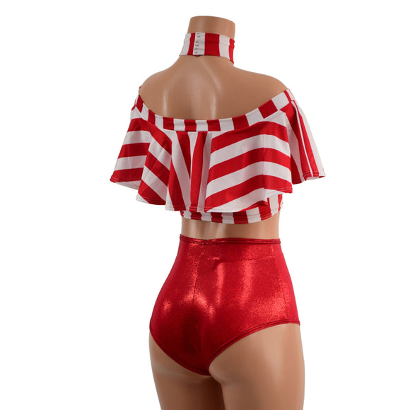 3PC Red and White Striped Top, Choker, and Siren Shorts Set - Coquetry Clothing
