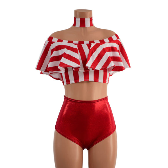 3PC Red and White Striped Top, Choker, and Siren Shorts Set - Coquetry Clothing