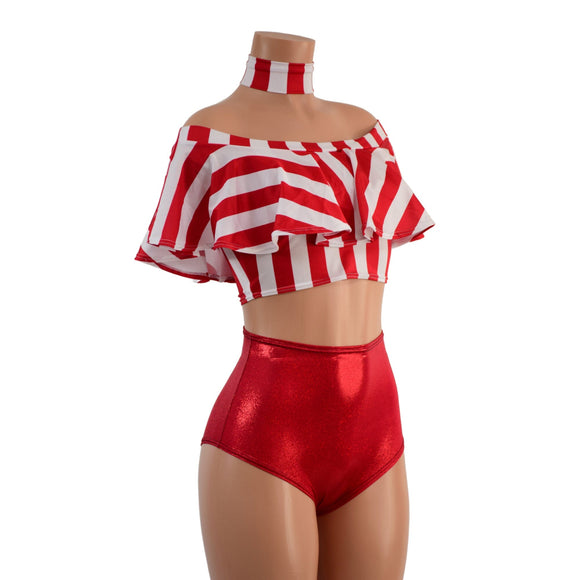 3PC Red and White Striped Top, Choker, and Siren Shorts Set - Coquetry Clothing