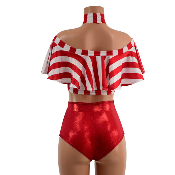3PC Red and White Striped Top, Choker, and Siren Shorts Set - Coquetry Clothing