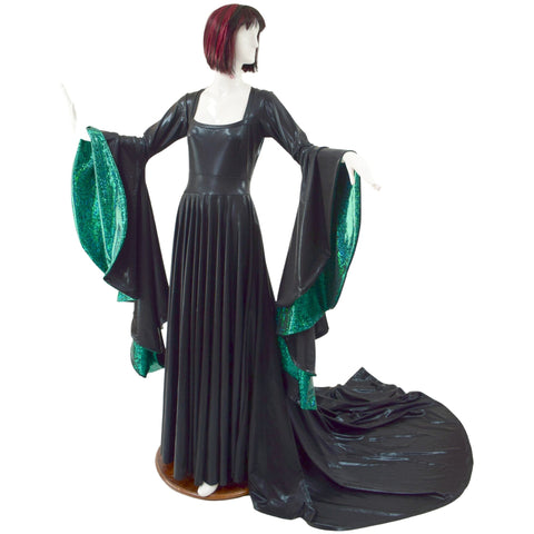 Black Mystique Puddle Train Gown with Sorceress Sleeves lined in Green Kaleidoscope - Coquetry Clothing