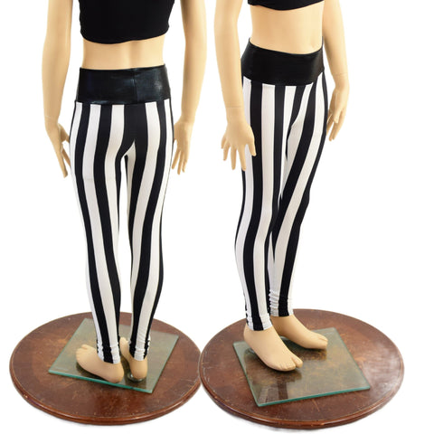 Kids Black and White Striped Leggings with Black Mystique Waistband - Coquetry Clothing