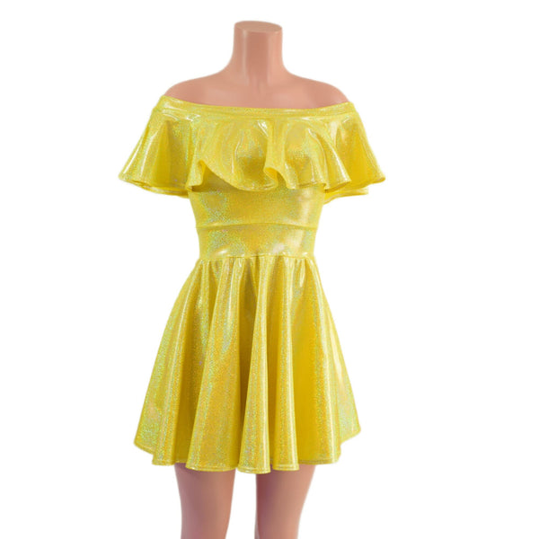 Off Shoulder Belle Skater Dress with Ruffle in Yellow Sparkly Jewel - 4