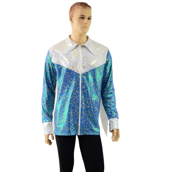 Stardust and White Kaleidoscope Mens Rodeo Shirt with Fringe - 3