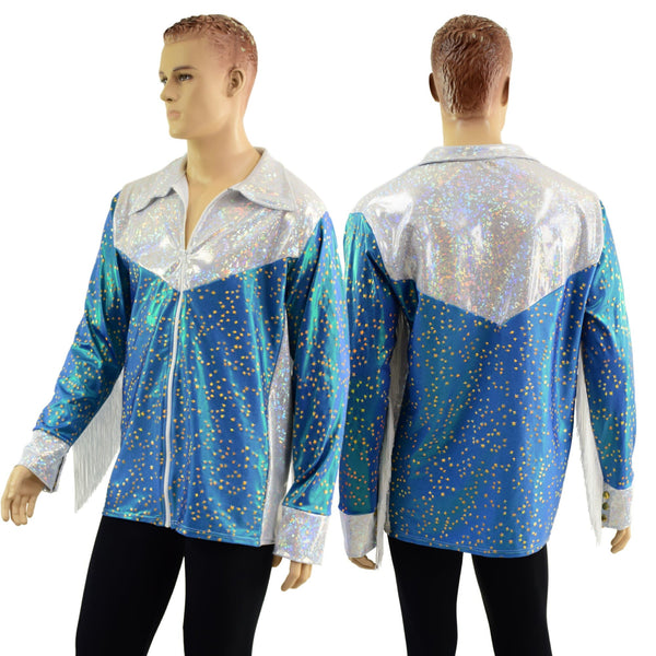 Stardust and White Kaleidoscope Mens Rodeo Shirt with Fringe - 4