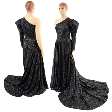 Star Noir One Shoulder Victoria Sleeve Gown with 36" Long Train - Coquetry Clothing