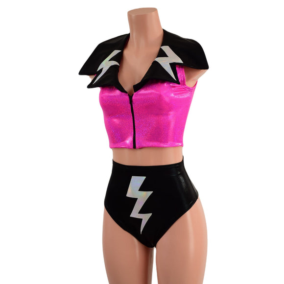 Zippered Crop Vest with Bolts and Showtime Collar and Brazilian Shorts Set - Coquetry Clothing