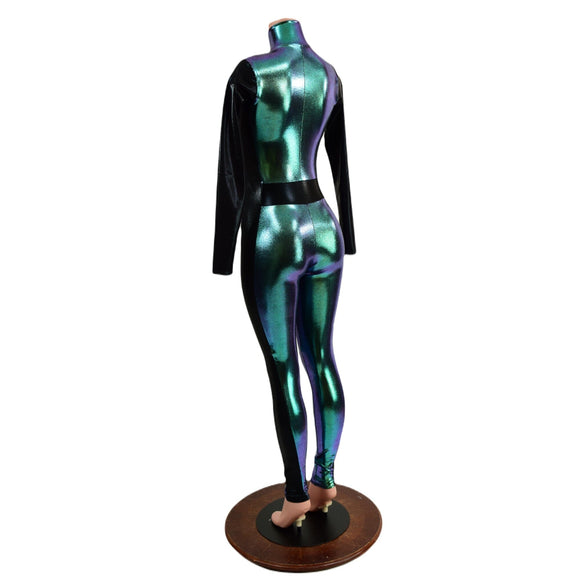 Scarab Catsuit with Black Mystique Side Panels, Long Sleeves and V Front - Coquetry Clothing