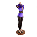Purple Velvet Inset Mesh Keyhole Catsuit with Mesh Legs - Coquetry Clothing