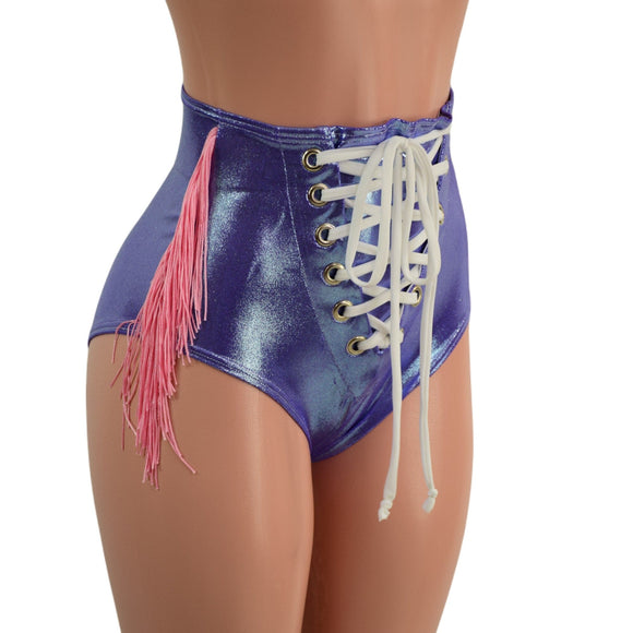 Lavender Ice Laceup Front Siren Shorts with Baby Pink Fringe - Coquetry Clothing