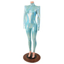 Seafoam Backless Catsuit with Sharp Shoulder Sleeves - Coquetry Clothing