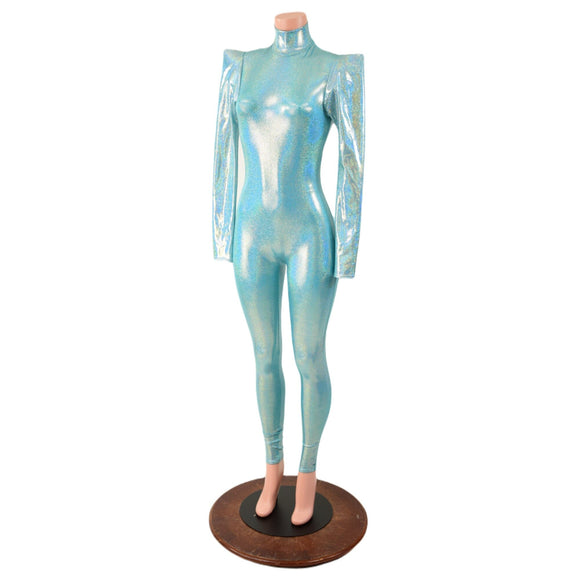 Seafoam Backless Catsuit with Sharp Shoulder Sleeves - Coquetry Clothing