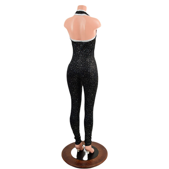 Ready to Ship Star Noir Backless V Neck Catsuit with Silver on White Shattered Glass Trim XS - Coquetry Clothing