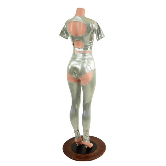 3PC Nirvana Top, Siren Shorts, and Midrise Chaps Set in Platinum - Coquetry Clothing