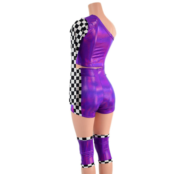 4PC Grape & Checkered Wrestling Shorts, Crop Top and Knee Pad Covers Set - Coquetry Clothing