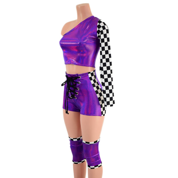 4PC Grape & Checkered Wrestling Shorts, Crop Top and Knee Pad Covers Set - Coquetry Clothing
