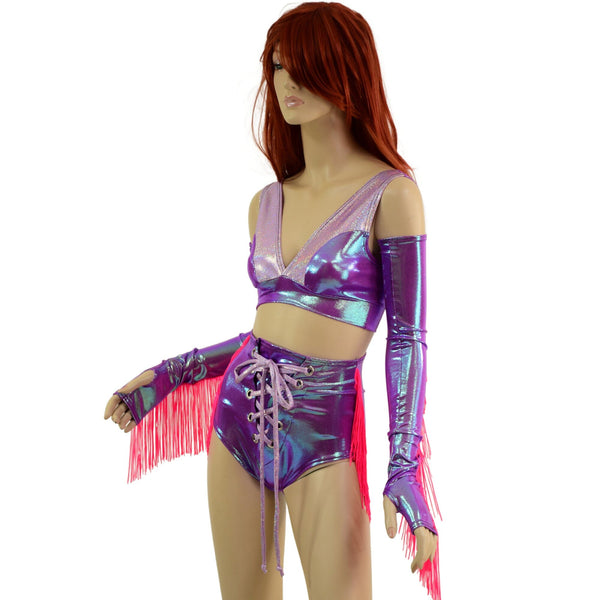 4PC Laceup Fringe Shorts, Fingerless Gloves, and Bralette Set - 7