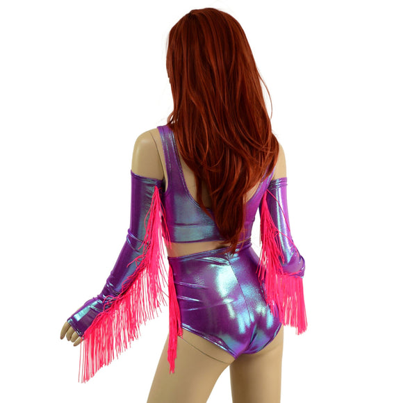 4PC Laceup Fringe Shorts, Fingerless Gloves, and Bralette Set - Coquetry Clothing