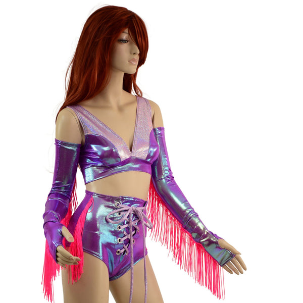 4PC Laceup Fringe Shorts, Fingerless Gloves, and Bralette Set - 4