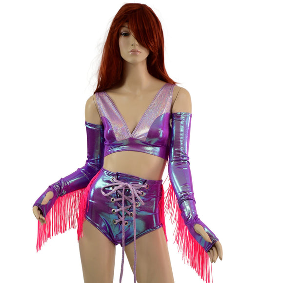 4PC Laceup Fringe Shorts, Fingerless Gloves, and Bralette Set - Coquetry Clothing